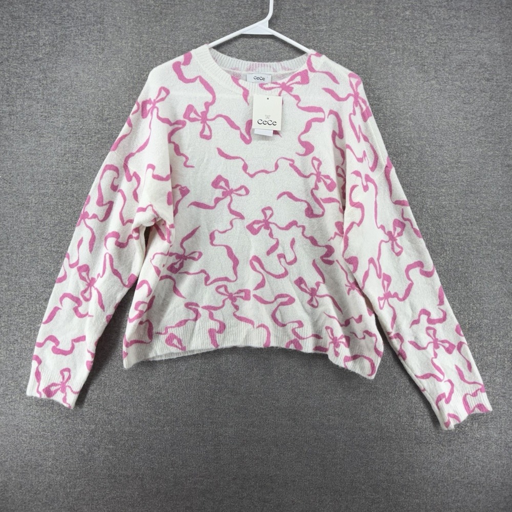 CeCe Sweater Pullover Top Women Large White Pink Ribbon Winter Comfy NEW $79